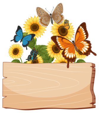 Canlı kelebekler kırsal bir ahşap tabelanın üzerinde ayçiçeklerinin etrafında çırpınırlar. Parlak renkler ve detaylı vektör illüstrasyonu