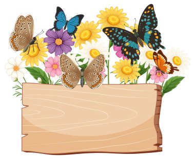 Renkli kelebekler canlı çiçekler ve ahşap bir tabela üzerinde çırpınırlar. Doğal temalı parlak, detaylı vektör sanatı