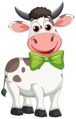 Parlak yeşil bir papyon takan, cesur renkleri ve tuhaf tarzıyla gülümseyen bir ineğin oyuncu temsili.