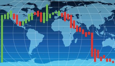Dünya haritasında şamdan çizelgesiyle küresel borsa eğilimlerinin vektör illüstrasyonu. Canlı renkler ve ızgara bileşimi