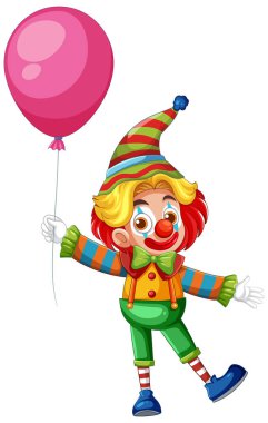 Renkli giyinmiş pembe bir balon tutan canlı bir palyaço. Neşeli ve neşeli renklerle neşeli ve kaprisli bir tarz.