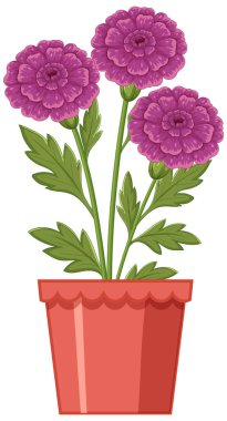 Kırmızı bir terracotta tenceresinde yeşil yapraklı üç mor çiçeğin resmi. Parlak renkler ve temiz vektör biçimi