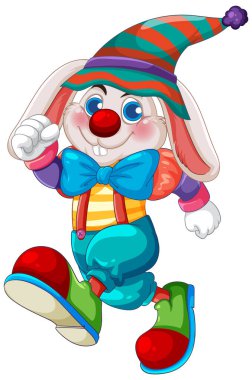 Canlı renkleri ve kaprisli kıyafetleri olan, çizgili şapkası ve büyük ayakkabıları olan şakacı tavşan palyaço.