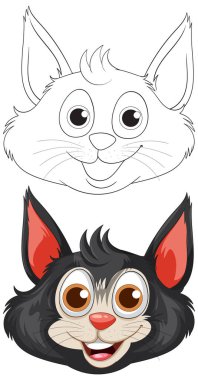 Bir kedinin yüzünün hem siyah hem de beyaz renkli vektör çizimi. Etkileyici gözleri ve detaylı kürkü var.