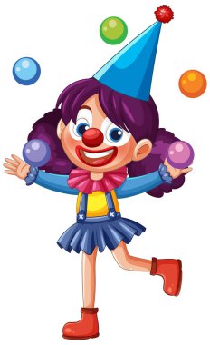 Mor saçlı canlı bir palyaço renkli toplarla hokkabazlık yapar. Parlak renkler ve oyuncu stil neşeli kompozisyonu artırır