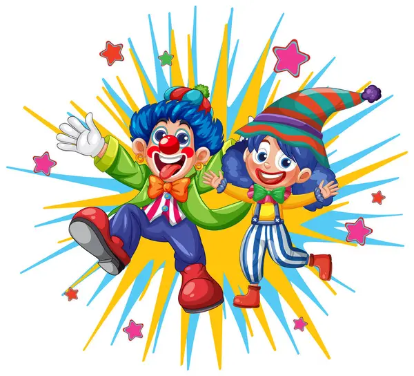 Dinamik yıldız patlaması arkaplanı olan canlı kostümlü iki neşeli palyaço çizgi film tarzında neşe ve oyunculuğu vurguluyor.
