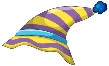 Mor ve sarı çizgili kaprisli palyaço şapkasının canlı vektör çizimi, oyuncu mavi ponponlu