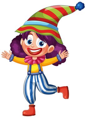 Parlak giyinmiş neşeli bir palyaçonun canlı vektör çizimi, cesur renkler ve oyuncu ifadeler içeriyor.