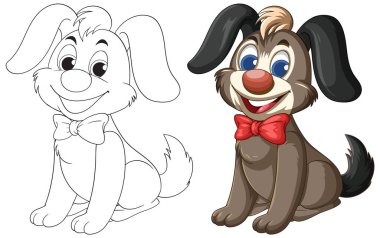 Kırmızı papyonlu, renkli ve neşeli bir ifadeye sahip bir çizgi film köpeğinin çekici vektör çizimi