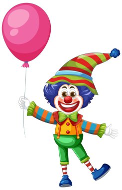 Pembe balonlu neşeli bir palyaçonun canlı vektör çizimi, parlak renkler ve oyuncu tasarım unsurları içeriyor.