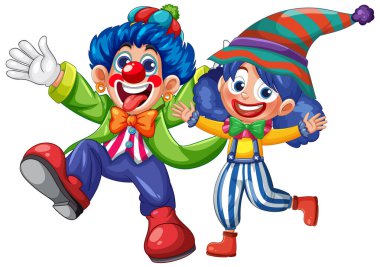 Abartılı özellikleri ve parlak kostümleri olan iki canlı palyaço. Çizgi film tarzında enerjik pozlar ve neşeli ifadeler.