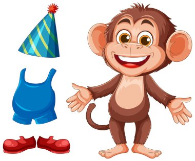 Parti şapkalı, mavi tulumlu ve kırmızı ayakkabılı gülümseyen bir maymunun vektör çizimi. Parlak renkler ve oyuncu stil