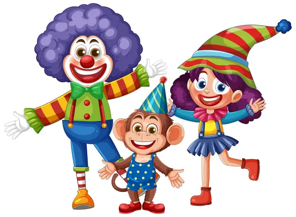 İki palyaço ve şenlik kıyafetli bir maymunun canlı vektör çizimi. Parlak renkler ve neşeli kompozisyon neşeli bir atmosfer yaratır.