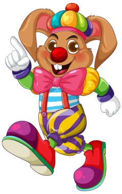 Renkli giyinmiş neşeli bir palyaço tavşanın canlı vektör çizimi, cesur renkler ve garip tasarım unsurları içeriyor.
