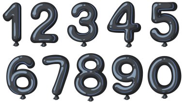 0 'dan 9' a kadar parlak siyah balon numaralarının vektör çizimi. Parti davetiyeleri, posterler ve dijital tasarımlar için mükemmel.