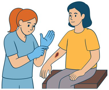 Mavi önlüklü bir hemşirenin bir hastanın kolundaki yaraya tedavi uygulamasının vektör çizimi. Basit, temiz çizgiler ve düz renkler