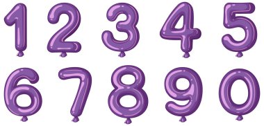 0 'dan 9' a kadar mor balon numaralarının gösterişli ve oyuncu bir bitişe sahip vektör çizimi