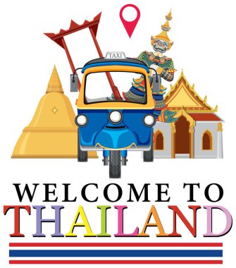 Tayland 'ın renkli bir kompozisyonda tuk-tuk, geleneksel mimari ve kültürel öğeleri içeren canlı vektör çizimi