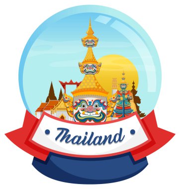 Tayland 'ın simgesel simgelerinin bir kar küresi içinde vektör çizimi. Parlak renkler ve karmaşık detaylar kültürel önemi vurguluyor