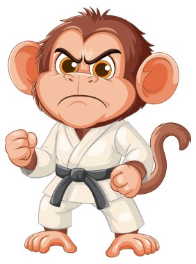 Çizgi film maymunu karate gisinde, sert bir ifade sergiliyor. Canlı renkler ve kalın hatlar dinamik duruşu artırır