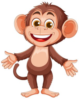 Kocaman gözleri ve açık kolları olan gülümseyen bir maymunun temsili. Parlak renkler ve oyuncu stil