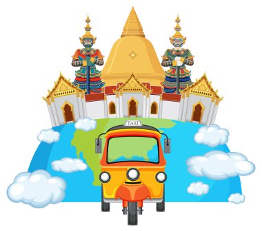 Tayland tapınağı arkaplanlı bir tuk-tuk 'un canlı vektör çizimi. Parlak renkler ve neşeli kompozisyon kültürel unsurları vurguluyor
