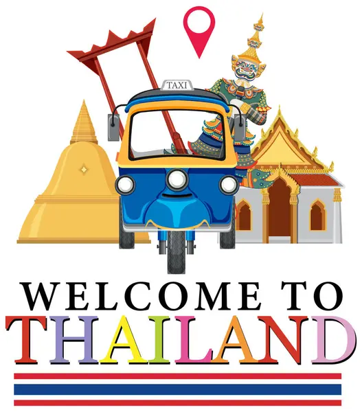 Tayland 'ın renkli bir kompozisyonda tuk-tuk, geleneksel mimari ve kültürel öğeleri içeren canlı vektör çizimi