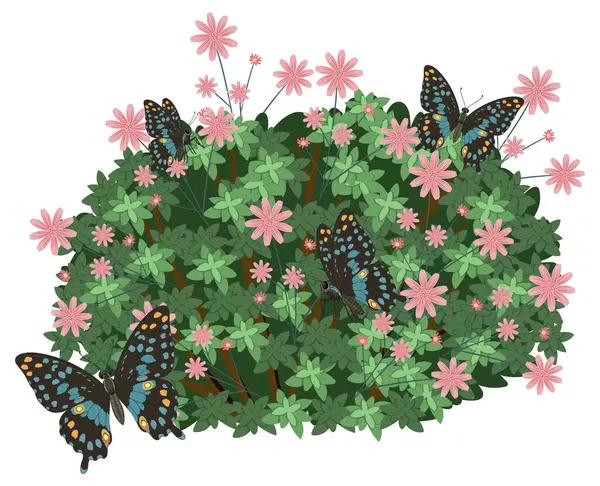 Kelebeklerin canlı pembe çiçeklerle yemyeşil yaprakların üzerinde dinlenen vektör çizimi. Doğal elementlerle detaylandırılmış, renkli bileşim