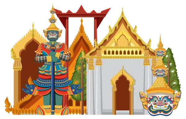 Tayland mimarisinin canlı renklere sahip vektör illüstrasyonu, efsanevi bir koruyucu heykel, karmaşık kültürel ayrıntılar sergiliyor