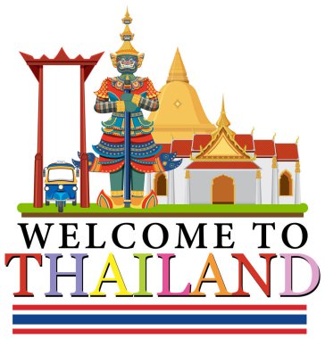 Canlı renkler ve detaylı tasarım unsurlarıyla ikonik Tayland simgelerini vurgulayan renkli vektör illüstrasyonu