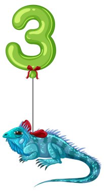 Mavi bir kertenkeleye bağlanmış üç numaralı yeşil balonun vektör çizimi. Parlak renkler ve oyuncu kompozisyon