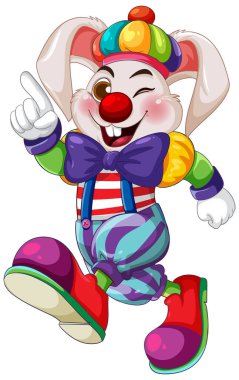 Renkli giyinen, göz kırpan ve neşeli bir şekilde işaret eden komik palyaço tavşanın canlı bir temsili.