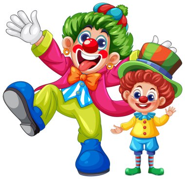 Canlı kıyafetleri ve abartılı ifadeleri olan iki neşeli palyaço, tuhaf ve eğlenceli bir vektör çizim stili sergiliyorlar.