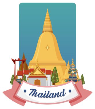 Tayland mimarisinin canlı vektör illüstrasyonu altın rengi bir stupa, geleneksel binalar ve yemyeşil