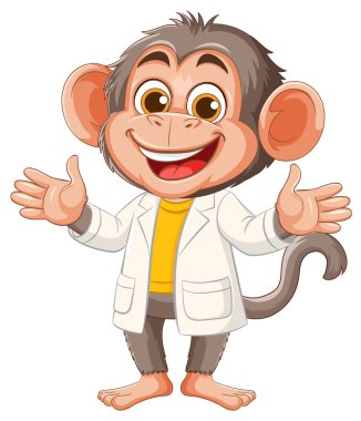 Laboratuvar önlüğü giyen gülümseyen bir maymunun vektör çizimi. Parlak renkler ve neşeli stil onun dostça görünümünü artırır