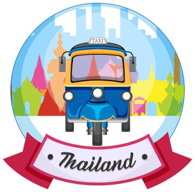Bir tuk-tuk 'un canlı vektör illüstrasyonuyla ikonik Tayland simgelerinin arkaplanı karşı karşıya. Parlak renkler ve modern tarz