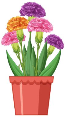 Canlı ve detaylı bir vektör illüstrasyon stili sunan yemyeşil yapraklı bir terasotta kabındaki renkli karanfiller.