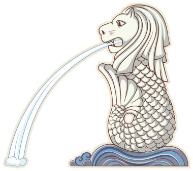 Merlion heykelinin akışkan suyla biçimlendirilmiş vektörü, karmaşık detaylar ve dengeli bir bileşim içeriyor.