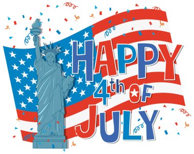 Amerikan bayrağı ve renkli festival unsurlarıyla Özgürlük Heykeli 'nin temsilcisi.