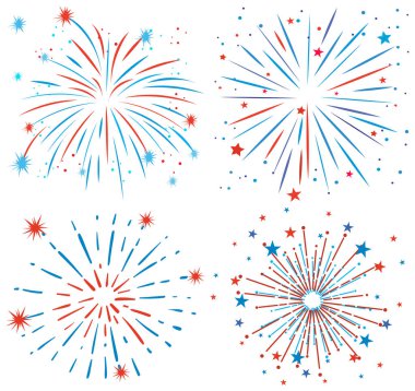 Beyaz arka planda canlı kırmızı ve mavi havai fişekler patladı. Festival tasarımları ve tatil temalı projeler için ideal