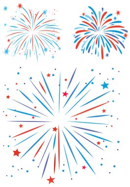 Yıldız aksanlı kırmızı ve mavi renkli havai fişekler, vektör tarzında bir kutlama ve festival teması sergiliyor