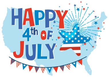 ABD haritası, havai fişekleri ve şenlikli metni olan renkli bir vektör çizimi. Kırmızı, beyaz ve mavi tema Bağımsızlık Günü ruhunu vurguluyor