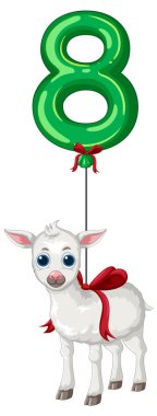 Sekiz numaralı yeşil balonla sevimli keçi çizimi, canlı renkler ve neşeli kompozisyon içeriyor.