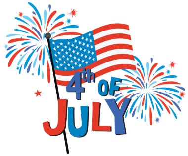 Amerikan bayrağının ve havai fişeklerin canlı renklerle gösterimi. Cesur tipografi 4 Temmuz temasını vurguluyor