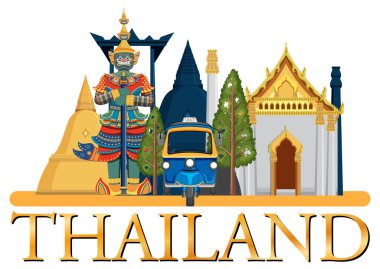 Canlı renkler ve detaylı tasarım unsurlarıyla ikonik Tayland simgelerini vurgulayan vektör illüstrasyonu, kültürel özün ve mimari güzelliğin yakalanması