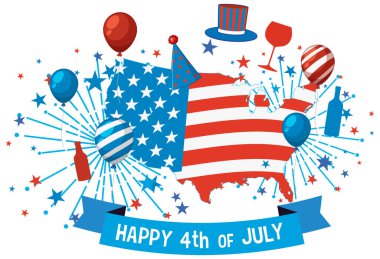 Kırmızı, beyaz ve mavi renkli festival unsurlarıyla ABD haritasının vektör çizimi. İçinde balonlar, havai fişekler ve parti dekorasyonları var.