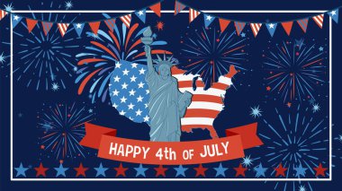 Havai fişeklerle ve canlı renklerle Amerikan bayrağı unsurlarıyla Özgürlük Heykeli 'nin vektör illüstrasyonu