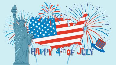 ABD haritasının havai fişek, Özgürlük Anıtı ve vatansever unsurların canlı renklerle gösterimi