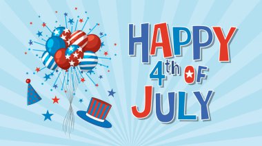 Canlı vektör tarzında renkli balonlar ve vatansever elementler. Cesur tipografisi olan Bağımsızlık Günü temaları için mükemmel