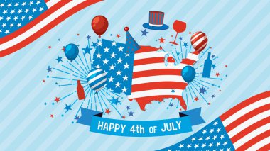 Havai fişekler, balonlar ve vatanseverlik sembolleriyle kırmızı, beyaz ve mavi renklerde ABD haritasının vektör çizimi